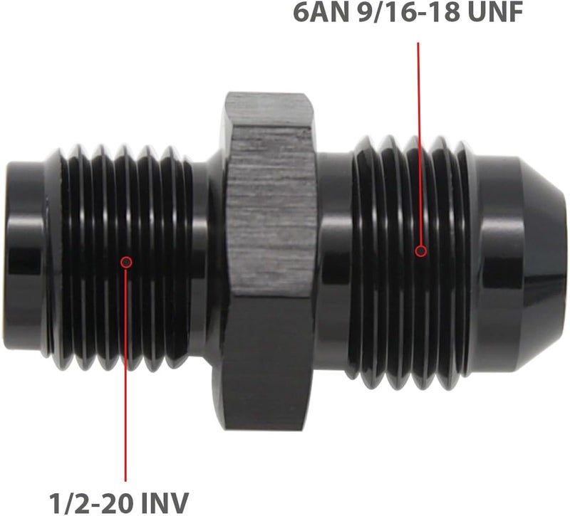 KRD PERFORMANCE Aluminum -6AN AN6 Male Flare to 1/2 x 20 Male Thread Inverted Seat Adaptor Fittings Inv Flare Connector, Black, Pack of 2 - Image 2